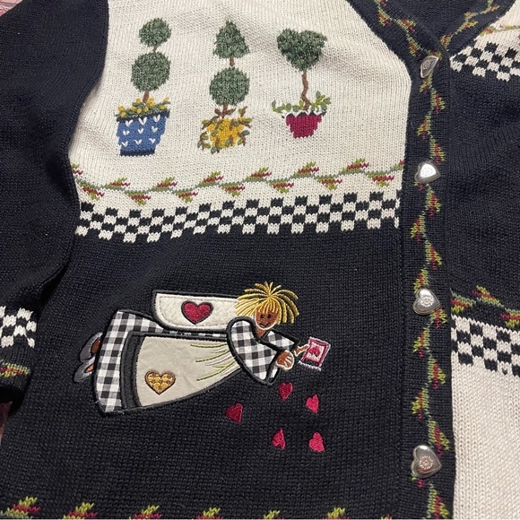 Vintage Quaker Factory Cardigan Sweater 2X 90s Patchwork Angels Topiary Flowers - Picture 5 of 10